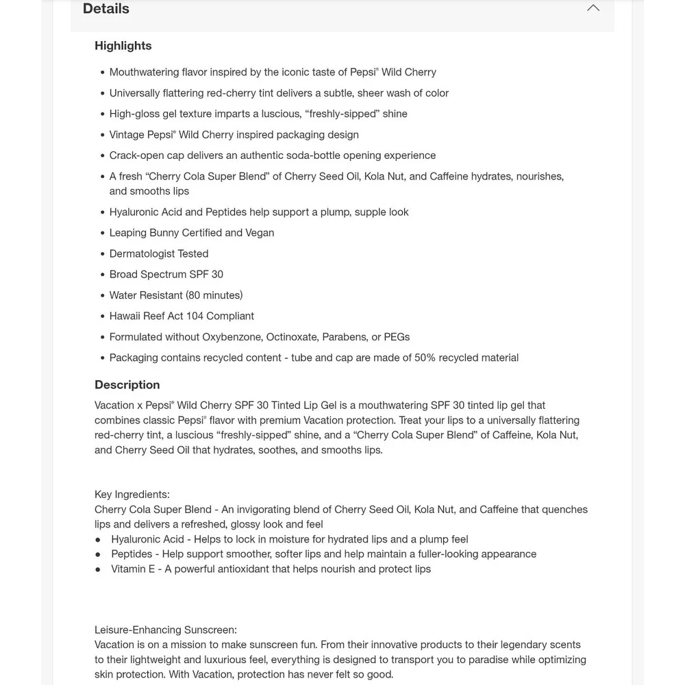 Vacation x PEPSI Tinted Lip Gel Sunscreen - Wild Cherry Pepsi - 0.5 fl oz NIB - Picture 10 of 14